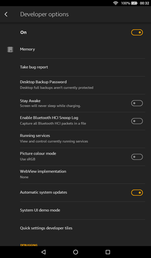 Developer Options screenshot on Fire tablet