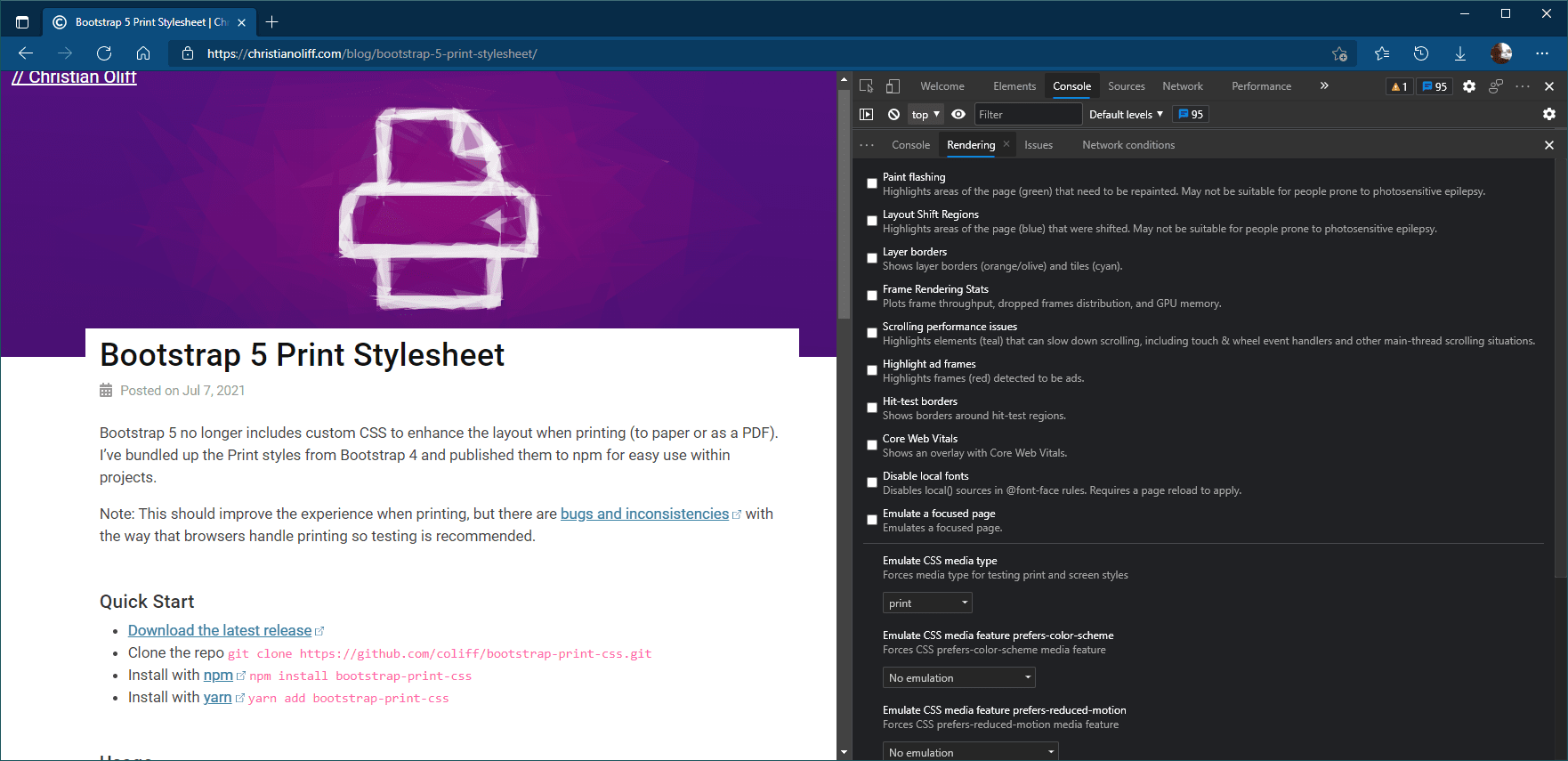 Screenshot of the emulate Print Stylesheet in Microsoft Edge Dev Tools