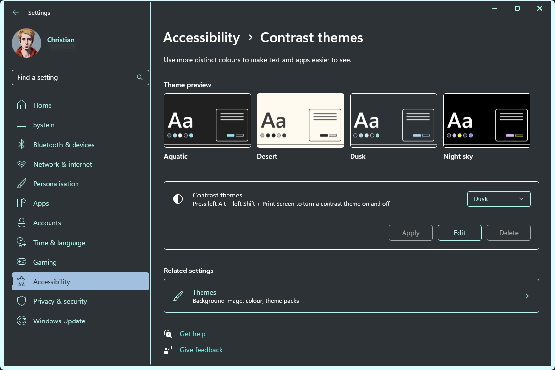 Windows 11 Contrast Theme Select screen