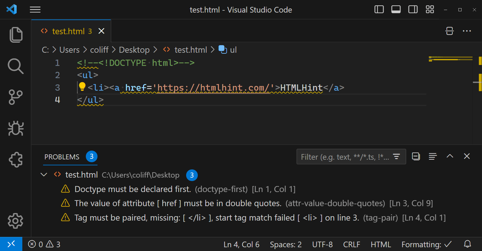 HTMLHint screenshot