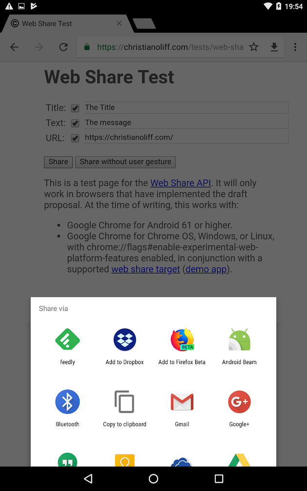 Web Share API on Chrome for Android